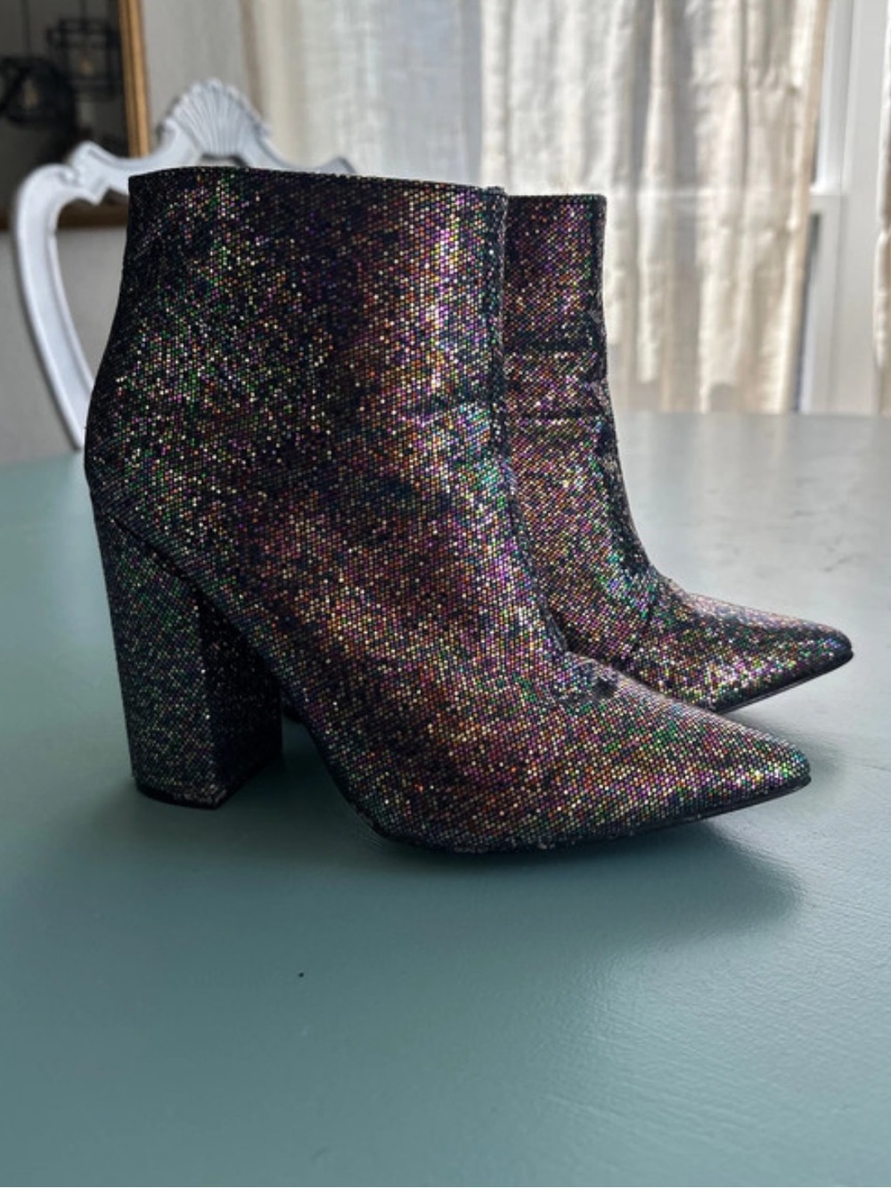 Glitter Pointed-Toe Block Heel Ankle Boots - Black Multi